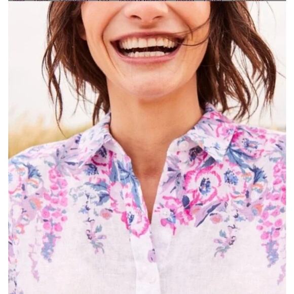JOULES Jeanne Print White Pink Floral Linen Button Down Top Suze 14 - Picture 7 of 14